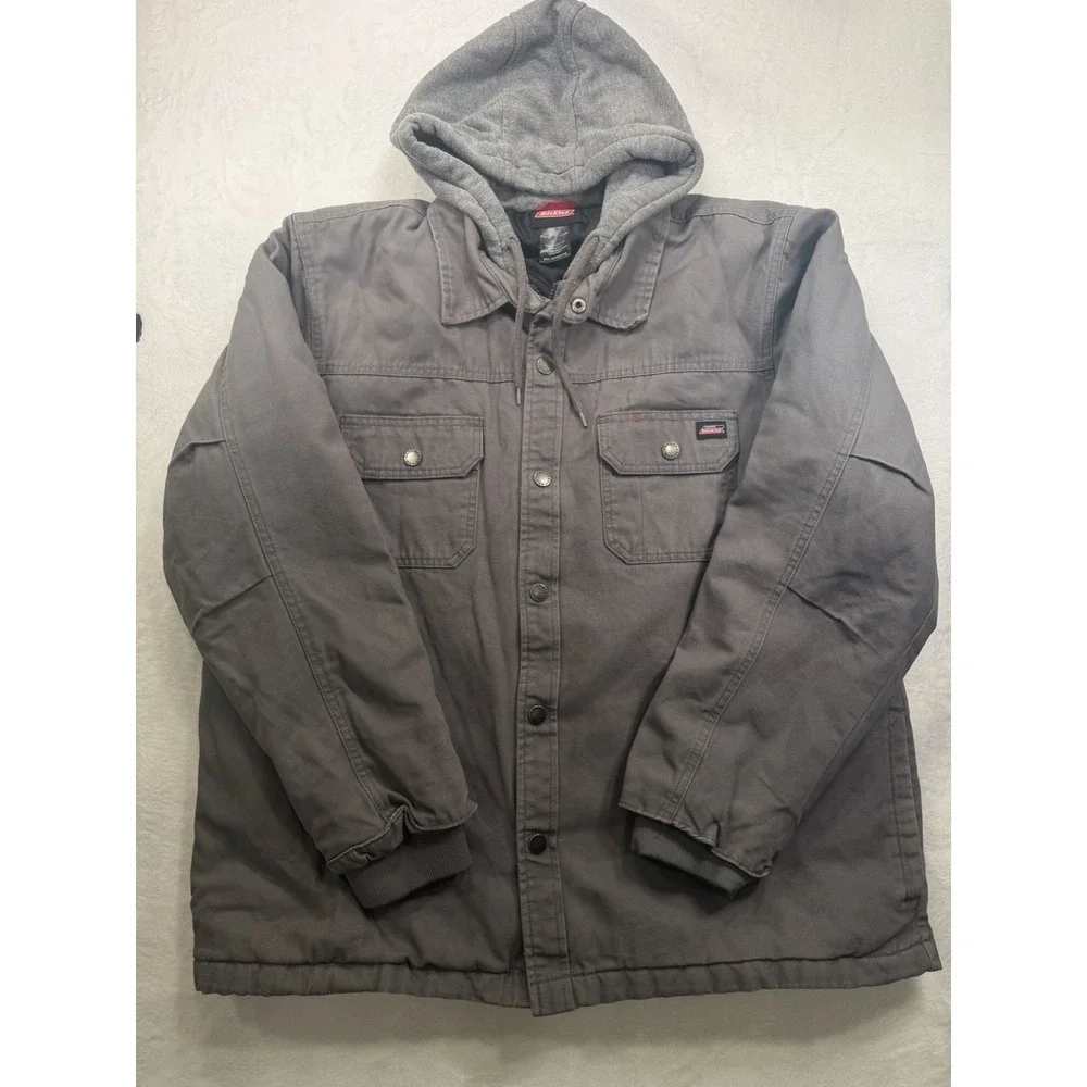 Dickies Men's Gray Lined Full Zip And Button Heavy Work Jacket Size 2XL Hooded
